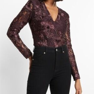 Express Deep Red Floral Lace Bodysuit